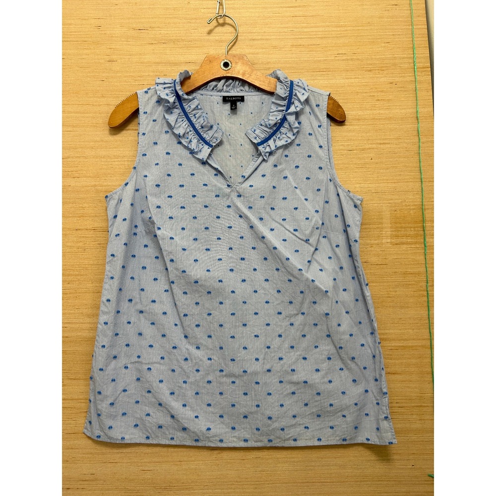 Talbots Womens Blue White Striped Clip Dot Ruffle‎ Neck Sleeveless Top Small